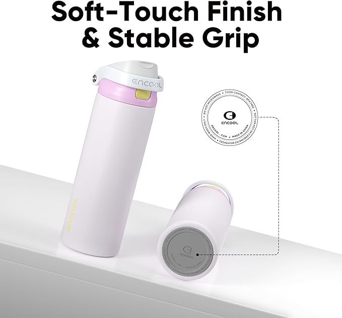 ENCOOL Leakproof Insulated Water Bottle with Straw Dual-Sip Water Bottle Bag-Safe Design for Work, Commute & Gym – Keeps Drinks Cold All Day, 18 oz, Lemonade Pink