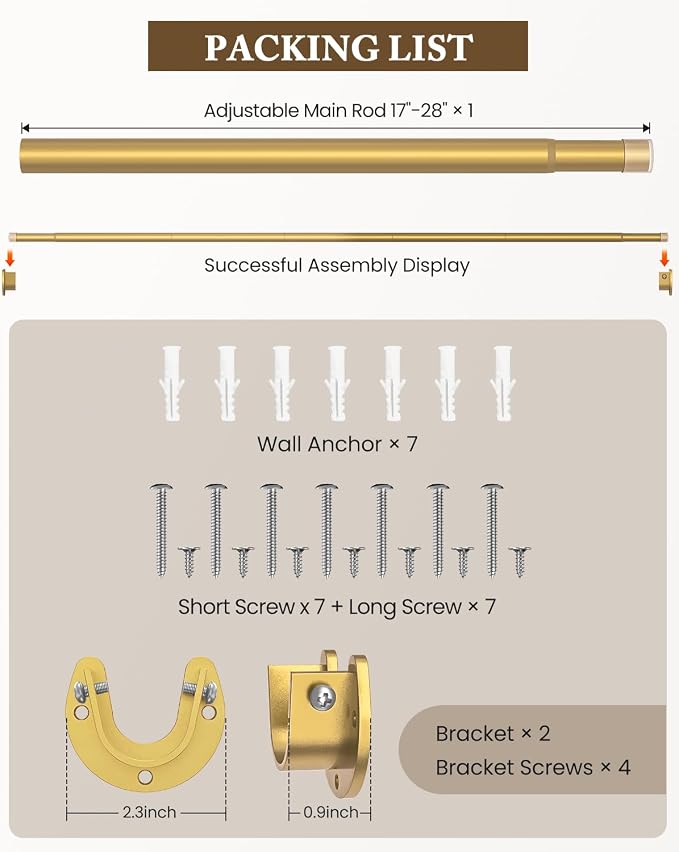 Heavy Duty Closet Rod, 17-28 IN Closet Rods for Hanging Clothes, Gold | Stepless Adjustable, Supports up to 66 lbs, Multiple Size Options, Easy Installation, Multi Purpose , Wall-Mounted