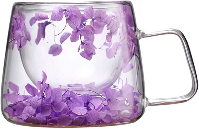 Generic Double Wall Insulated Glass Cup,Dried Flower Mug with Handle,Creative Transparent Coffee Cups,Gift for Women Mom Female (Purple)