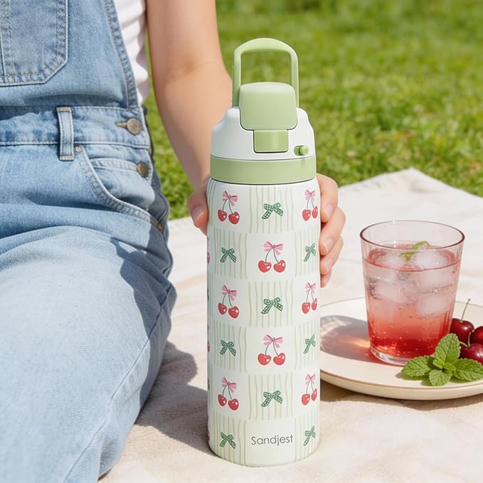 Cherry Stainless Steel Water Bottle, Vacuum Insulated, Push-Button Lid, 32 oz, Gifts for Women Girls Friends Teens Birthday Christmas