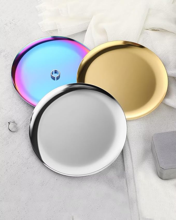 Serving Trays 7.9in Stainless Steel Decorative Tray Round Light Gold Tray for Kitchen Wedding Party Coffee Table