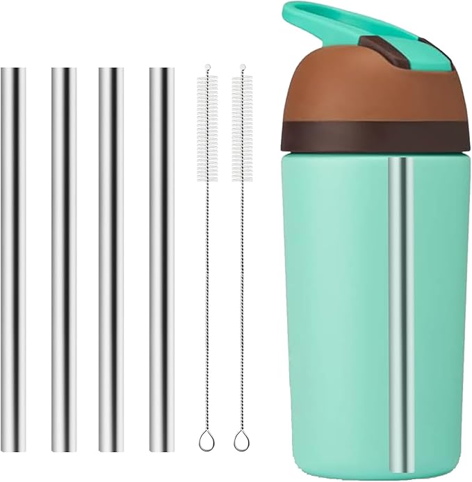 Metal Straw Replacement for Owala 14 oz Kids Water Bottle Accessories, With 2 Straw Cleaner, Reusable Stainless Steel Straws Compatible With Owala 14 Ounce Water Bottle - 4Pcs