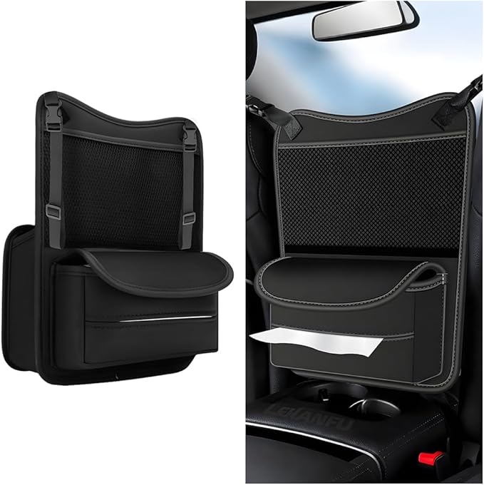 Car Organizer Storage Between Seats, Nappa Leather Large Capacity Vehicle Hanging Handbag Holder for Document Phone, Auto Interior Console Organizer Pocket, Universal Fit (Black)