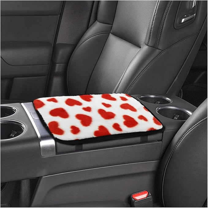 Furry Cow Print Armrest Cover for Car, Soft Plush Center Console Cushion Pad, Car Arm Rest Box Protector for Women Men, Universal Auto Decorative Accessories for Cars Trucks SUVs(Red)