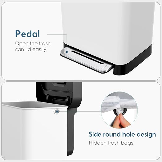 Arlopu 50L/13.2Gal Stainless Steel Trash Can W/15 Inner Bags & Rear Trash Bag Storage Compartment, Kitchen Step Trash Can with Lid & Built-in Deodorizer Box, Garbage Bin W/Foot Pedal (White)