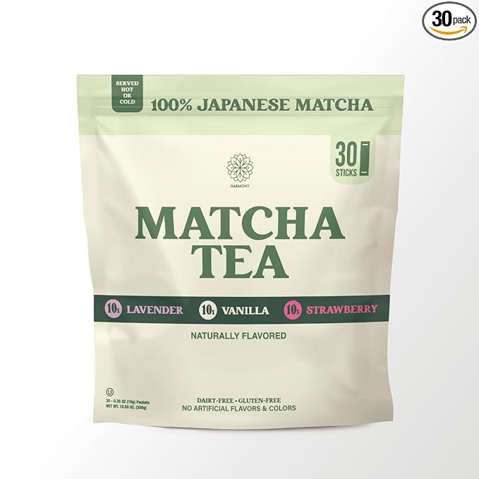 The Harmony Matcha Variety Pack (30 Sticks) Premium Japanese Matcha Powder, Lavender, Strawberry, Vanilla, Rich in Antioxidants & L-Theanine, Sweetened with Organic Sugar, No Preservatives