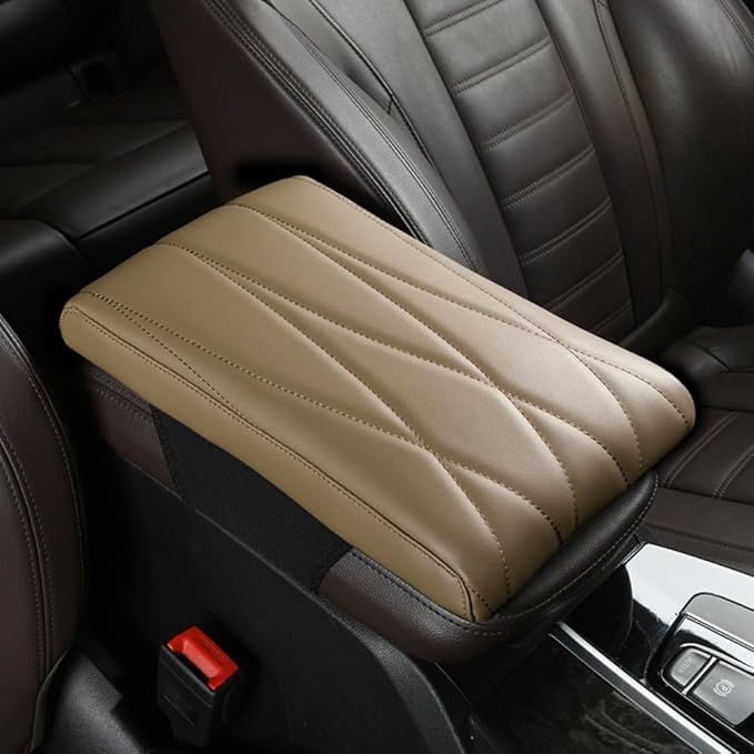 Car Center Console Cover Nappa Leather Memory Foam Armrest Box Seat Box Cushion Protector Pad Comfortable Height Increase Universal for Car Truck SUV (Strip,Beige)