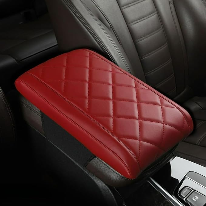 Car Center Console Cover Nappa Leather Memory Foam Armrest Box Seat Box Cushion Protector Pad Comfortable Height Increase Universal for Car Truck SUV (Diamond,Red)