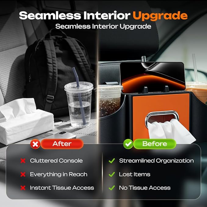 4-in-1 Car Backseat Organizer with Cup Holder, 2026 Upgraded Multifunctional Car Back Seat Organizer with Tissue Box, Trash Bin & Hooks for Hold Phones, Snacks, Drinks, and Handbags (Orange)