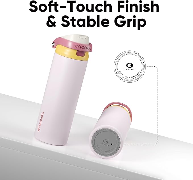 ENCOOL Leakproof Insulated Water Bottle with Straw Dual-Sip Water Bottle Bag-Safe Design for Work, Commute & Gym – Keeps Drinks Cold All Day, 24 oz, Blush Pink