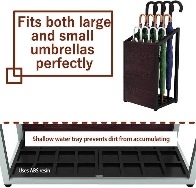 AKIRA Large Capacity Umbrella Stand for 24-Umbrellas Modern Brown Wood Grain & Black Metal Entryway Organizer Rack Holder for Office or Lobby, Model US-US-0625-BKDB