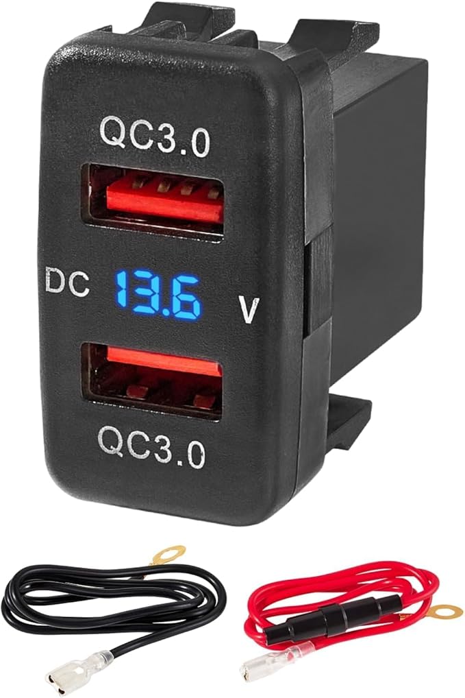 Anina Power Socket for Toyota, 12V/24V 18W Power Adapter with Digital Voltmeter Blue LED Light, Multi-Port Square Car Outlet Plug for Tacoma FJ Cruiser Highlander