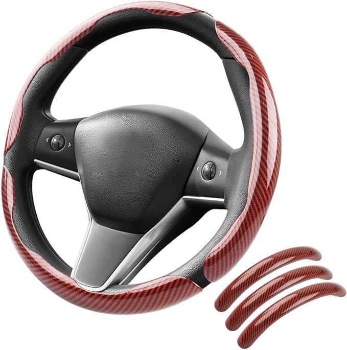 Carbon Fiber Steering Wheel Cover 3PCS, Non-Slip Grip for Universal Cars,Fit for 14–16 Inch Wheels, Interior Accessories for Cars Trucks (red)