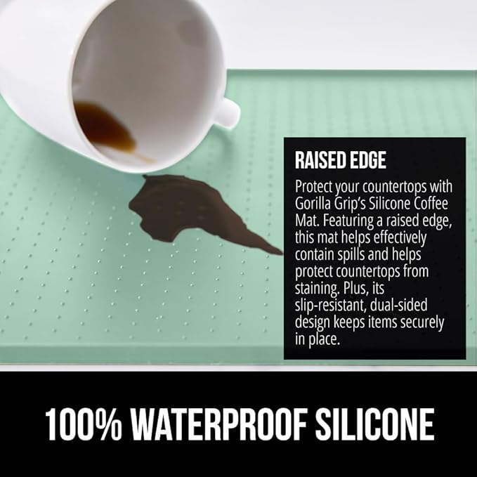 GORILLA GRIP Silicone Coffee Mat, Espresso Machine Bar Accessories, Keep Kitchen Counters Clean, Stays in Place, Waterproof and Heat Resistant Dish Drying Mats, Home Decor Essentials, 11.5x18.9, Mint