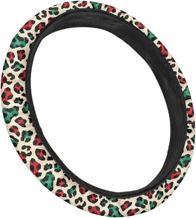 Universal Non-Slip Steering Wheel Cover, 15-inch Polyester Material Driving Accessories, Adjustable for Car and Truck(Artistic Red Green Leopard)