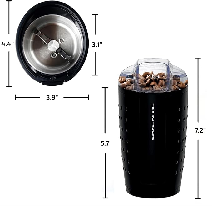 OVENTE Electric Coffee Grinder, Coffee Mill and Spice Grinder with 2.5oz Capacity, 150W Motor, One Touch Push-Button & Stainless Steel Blades for Uniform Grinding of Beans, Herb or Nuts, Black CG225B