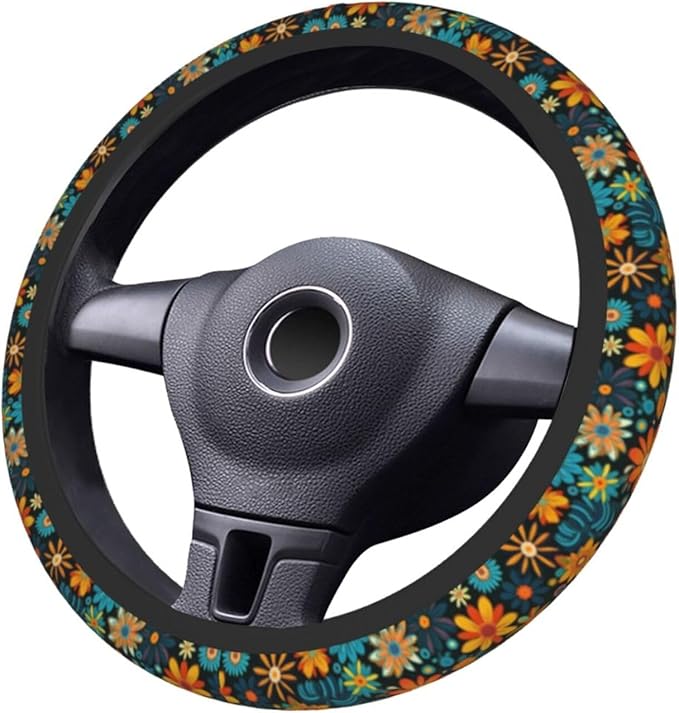 Artistic Floral Pattern Steering Wheel Cover for Women Breathable Anti Slip Stretch Cute Steering Wheel Covers Car Protector Accessories Universal 15 Inch