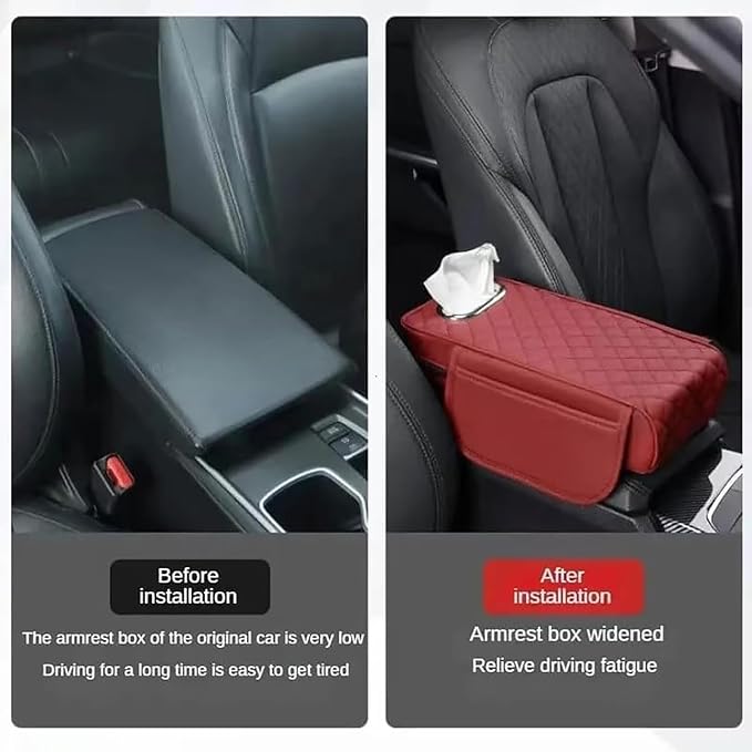 Car Arm Rest Cover Pad for Ford Maverick 2022 2023 2024, Leather Memory Foam Center Console Cushion with 2 Storage Bags and a Tissue Box Universal Car Interior Accessories,C/Black-Red