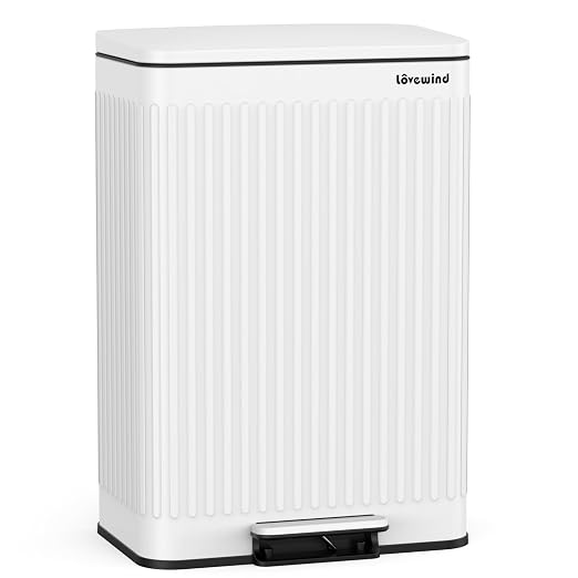 Lovewind 60 Liter/ 16 Gallon Stainless Steel Trash Can with Soft-Close Lid, Large Footstep Garbage Can with Roman Texture, Removable Inner Buckets, Recycling Bin for Kitchen Office, White