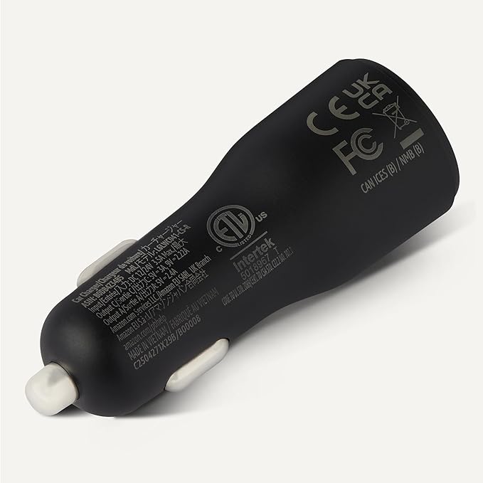 Amazon Basics Fast-Charging Car Charger, Dual-Port, 1 USBC+1 USB-A, 32W, 2.36" D x 2.36" W x 4.72" H, Black