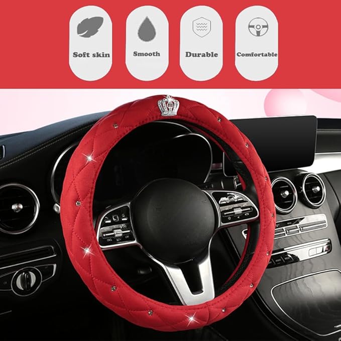 15Inch Leather Steering Wheel Cover Women Cute Bling Crown Steering Wheel Covers Universal fit Car (Red)