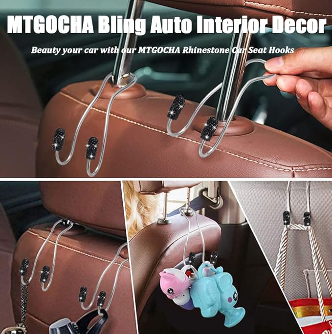 MTGOCHA Car Headrest Hooks Car Purse Hook(2 Pack),Bling Car Bag Hooks, Car Hook for Purses and Bags Cute Metal Car Purse Holder Hook, Bling Car Accessories for Women, Black