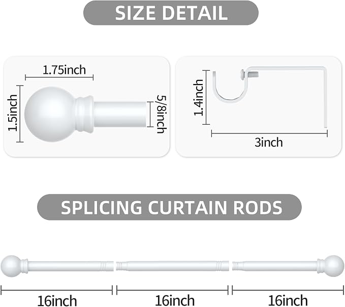 Thestoa Curtain Rods for Windows 66-120 Inch, 5/8" White Curtain Rods, Stainless Steel Small Curtain Rod for Bedroom, Living Room,Kitchen,Farmhouse, Outdoor Curtain rod White