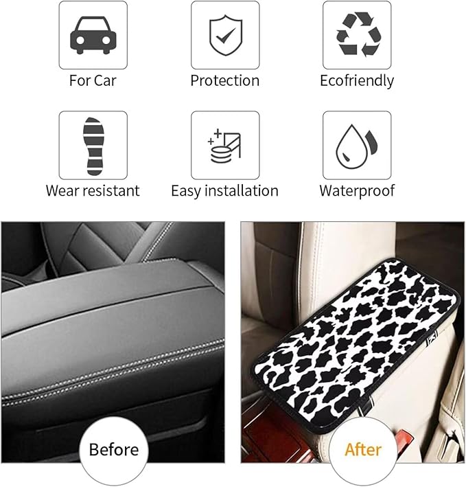 Black Center Console Cover for SUV Truck Van Sedans Cute Cow Armrest Pad Protector for Women Men Car Interior Accessories White Armrest Cushion