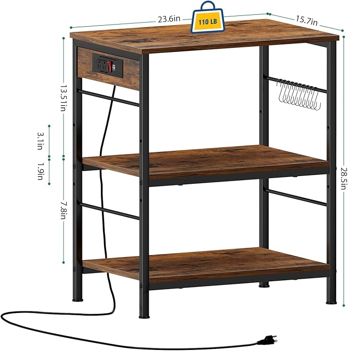 ETELI Bakers Rack with Power Outlet Microwave Stand Cart with Storage Coffee Station Table Cart on Wheels for Kitchen Living Room Bedroom, Rustic Brown