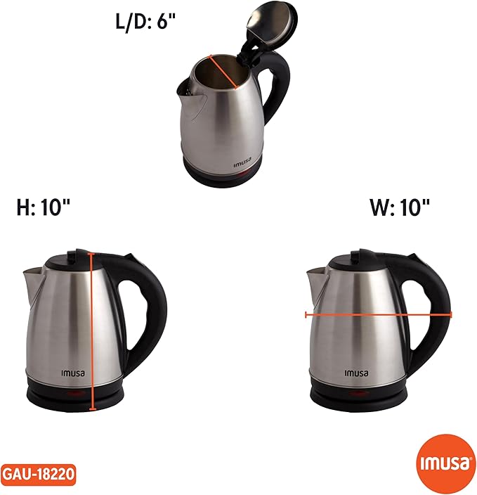 IMUSA USA GAU-18220 1.8 Liter Cordless Stainless Steel Electric Tea Kettle with Easy To Serve Pouring Spout