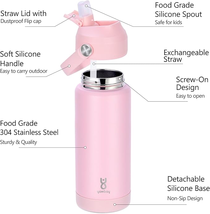 18oz Kids Insulated Water Bottle with Straw Lid & Silicone Handle,Kids Leak Proof Water Bottle for School Boys Girls,Double Wall Vacuum Stainless Steel with Non-slip Silicone Base(LightPink)