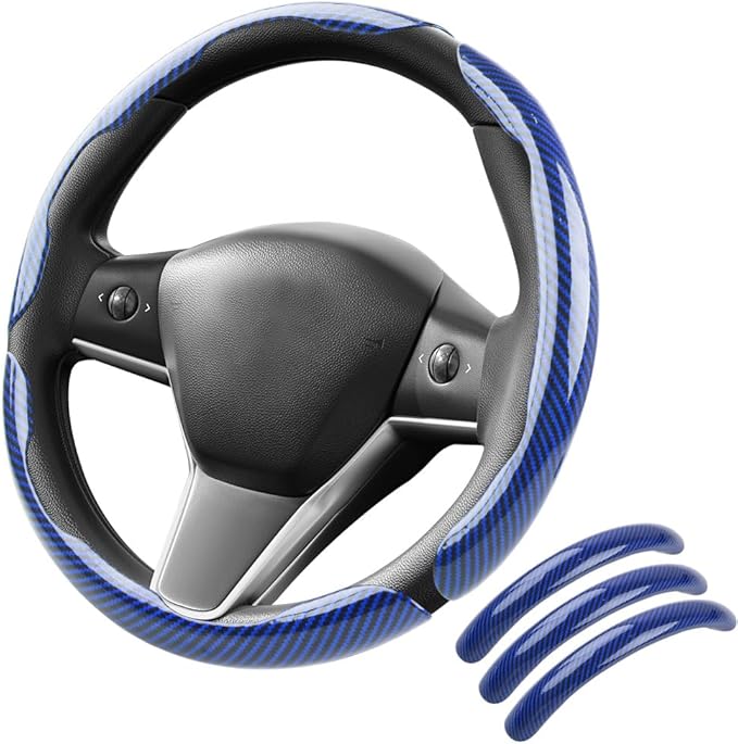 Carbon Fiber Steering Wheel Cover 3PCS, Non-Slip Grip for Universal Cars,Fit for 14–16 Inch Wheels, Interior Accessories for Cars Trucks (Blue)