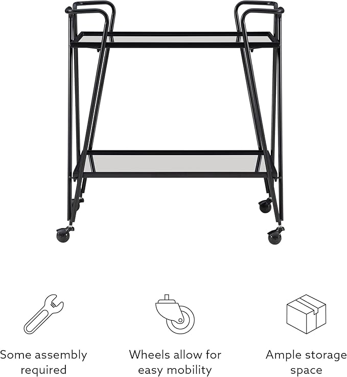 Gina Black Mid Century Bar Cart with Mirrored Shelves by Linon