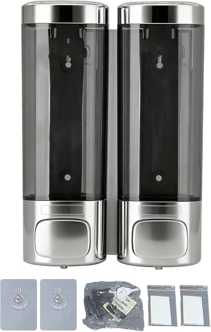 AUNMAS Double, Wall Mounted Manual Gel Hand Hand Pump Drip Proof for Home Kitchen Bathroom (Metal Silver)