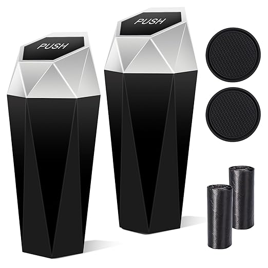 Car Trash Can with Lid, 2 Pack Diamond Design Mini Cup Holder Trash Can for Car, Office, Home Use, Silver