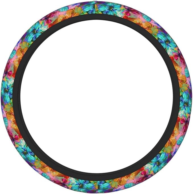 Blue Orange Flowers Steering Wheel Cover for Women Men Girls, Car Accessories Decor Thickened Anti-Slip Auto Steering Wheel Covers Protector Universal Fit 15 Inch for Cars, Truck, SUV