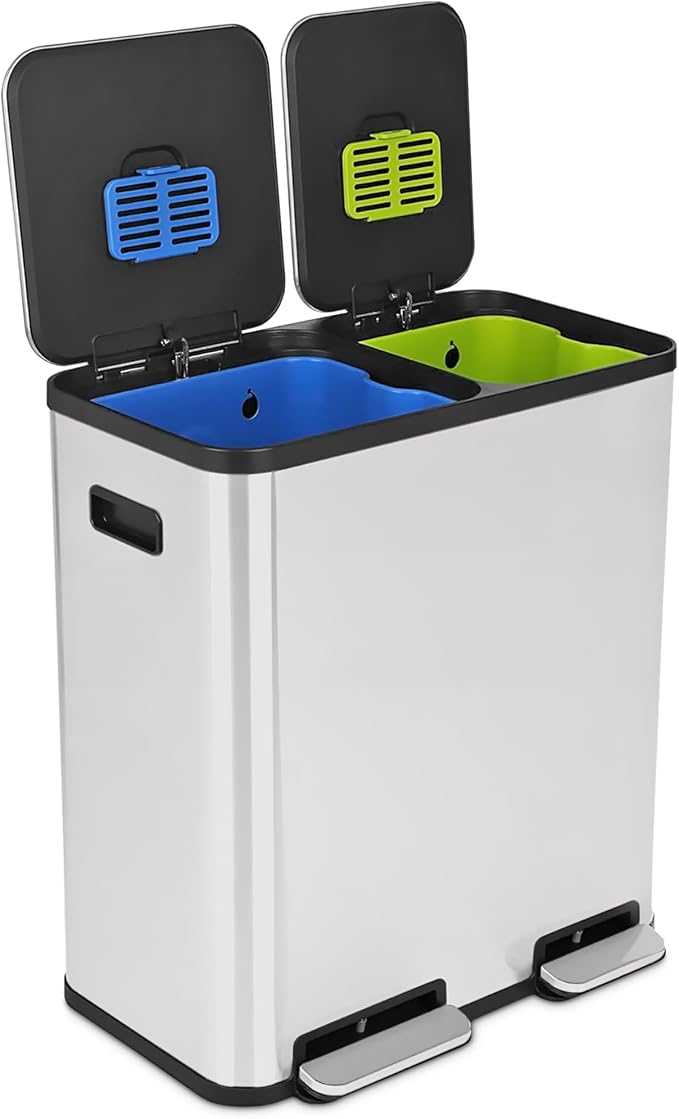 Simpli-Magic 70 Liter / 18.5 Gallon Rectangular Hands-Free Dual Compartment Recycling Kitchen Step Trash Can with Soft-Close Single Lid, Stainless Steel (40L x 30L Capacity), White