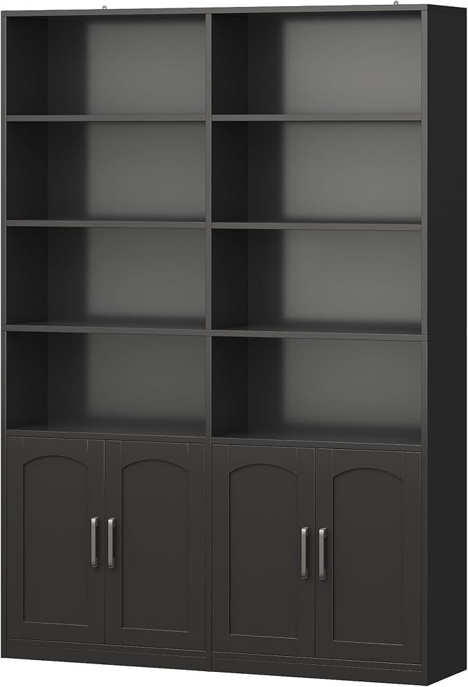 FACBOTALL Bookshelf and Bookcase with Doors, 6 Tier Double Wide Large Bookshelves, Open Display Shelves, 73'' Tall Bookshelf with Storage Cabinets for Home Office, Living Room, Library, Black