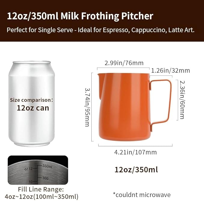 watchget Stainless Steel Milk Frothing Pitcher 12oz/350ml - Espresso Steaming Pitcher for Cappuccino, Latte Art, Coffee Machine Accessories Milk Jug Coffee Frother Cup, Orange