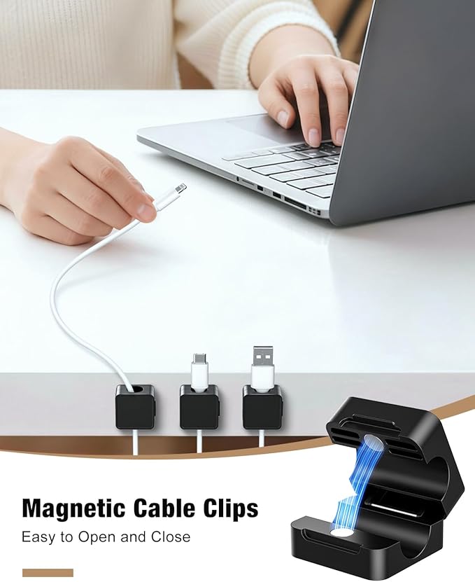 12 Pack Magnetic Cord Organizer Cable Clips, Compact Desk Cable Management Clips, Adhesive Cord Holder for Desk, Wire Organizer Holders for Nightstand, Home, Office Accessory, Car, Wall, Black