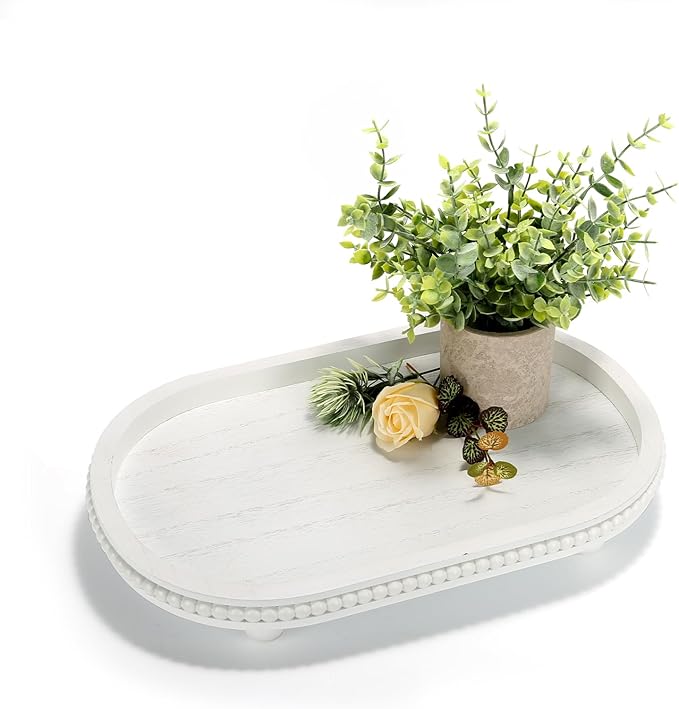 Wooden Decorative Tray for Home Decor, Beaded White Oval Tray Decor for Coffee Table, Rustic Wood Serving Trays Farmhouse Centerpieces for Living Room Kitchen Counter (White Oval)