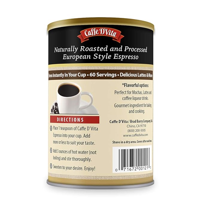 Caffe D'Vita Espresso Coffee - Instant Espresso Coffee Powder, Ground Espresso Beans, Keto, Gluten Free, No Cholesterol, No Trans Fat, Kosher-Dairy Instant Coffee Drinks - 3 Oz Can