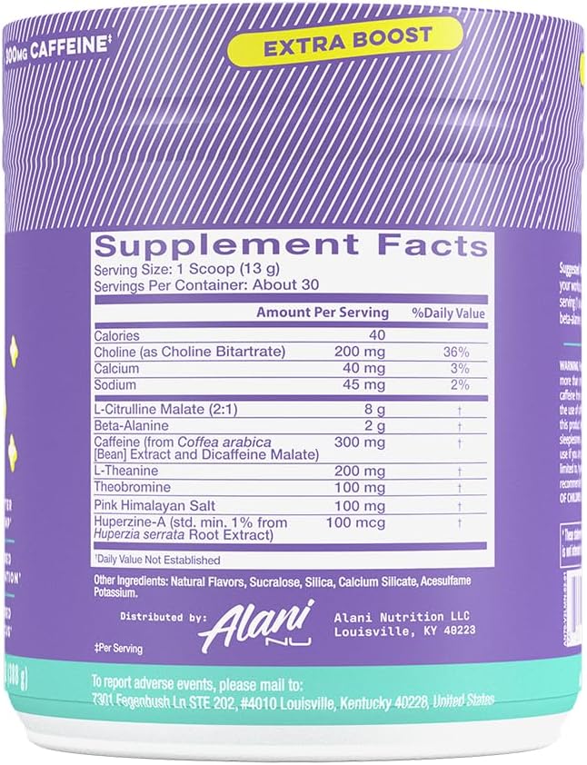 Alani Nu Pre Workout+ Powder Frozen Lemonade, Extra Boost, Sugar Free, 300mg Caffeine, L-Theanine, Beta-Alanine, Citrulline, 30 Servings, (Pack of 2)