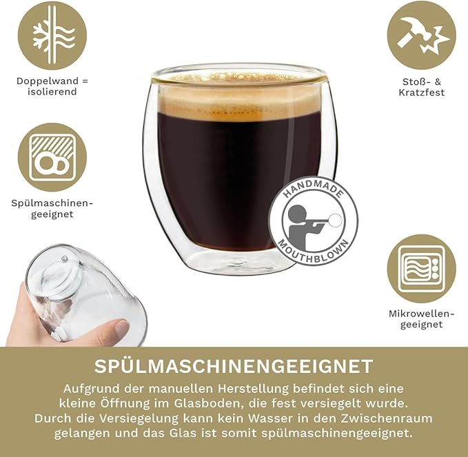 Creano Double Wall Espresso Glasses 3.5 OZ, Insulated Glass Cups - 6X 3.5oz (100ml)
