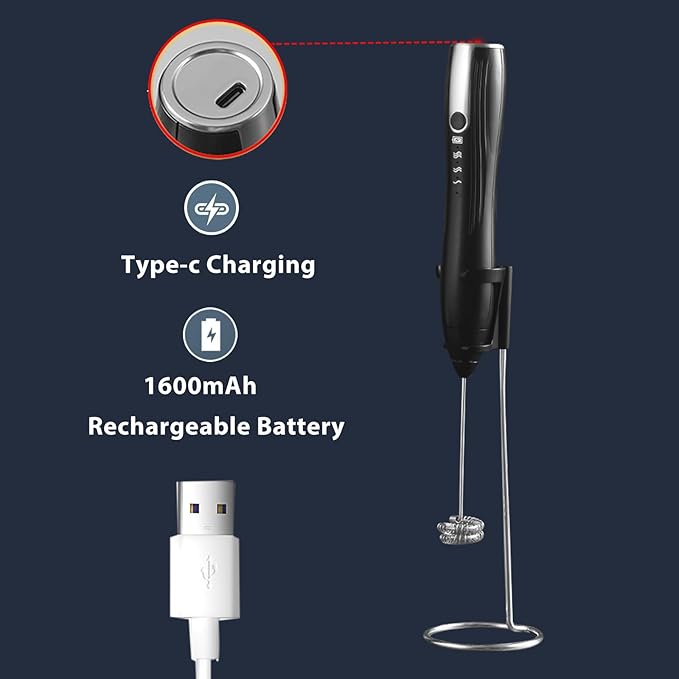 Rechargeable Milk Frother Handheld with Stand, Coffee Foam Frother Wand, Detachable Stainless Steel Whisk Drink Mixer for Coffee, Cappuccino, Lattes, Frappe, Matcha,Egg and Hot Chocolate, (Black)