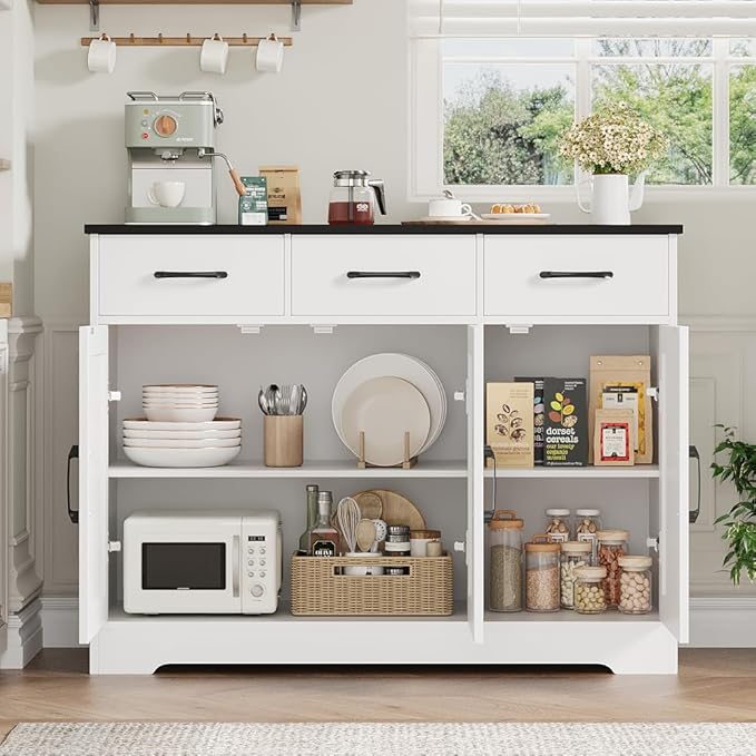 HOSTACK Modern Farmhouse Buffet Sideboard Cabinet, Barn Doors Storage Cabinet with Drawers and Shelves, Wood Coffee Bar with Storage for Dining Room, Kitchen, Living Room, White/Black