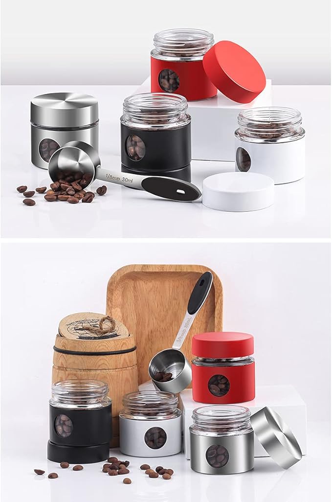 Coffee Canister Travel Jar, Mini Airtight Stainless Steel and Glass Food Storage Container Great for Coffee Bean and Coffee Grounds- White, 1.4 OZ
