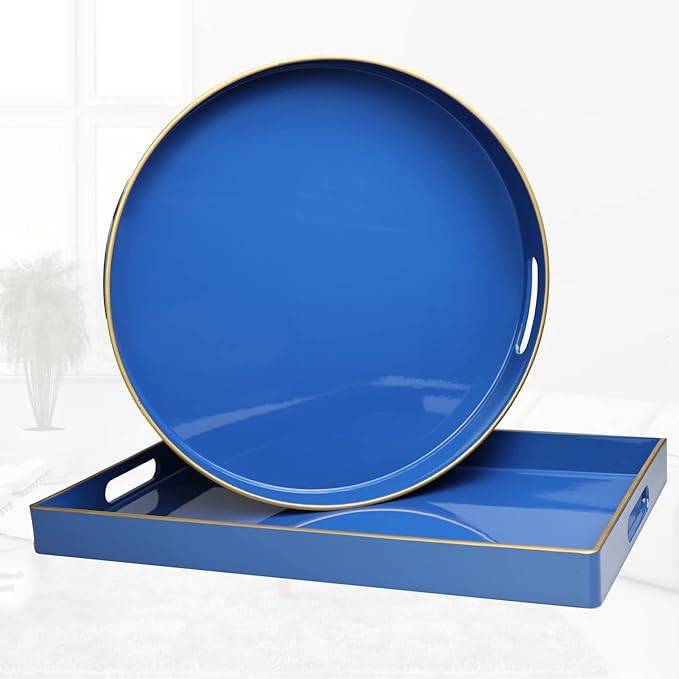 Spsyrine Round Blue Decorative Tray, 13" Plastic Serving Table Tray with Handles for Breakfast, Ottoman, Coffee Table, Bathroom, Kitchen, Living Room