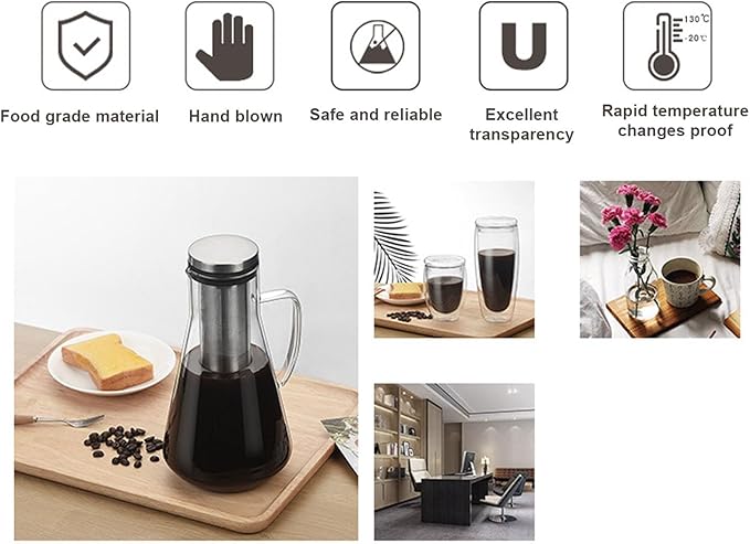 MAVIS LAVEN Cold Brew Coffee Maker, Thickened Borosilicate Glass Pitcher with 304 Stainless Steel Filter and Airtight Sealing, for Iced Tea Hot Tea Fruit Drinks (1600ML)