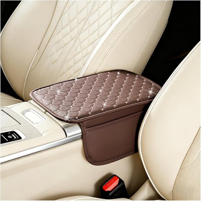 Car Center Console Cover, Leather Vehicle Armrest Storage Box Protector with 2 Storage Bags, Automotive Interior Middle Console Cushion Pad, Universal for SUV Sedan Truck (Coffee)